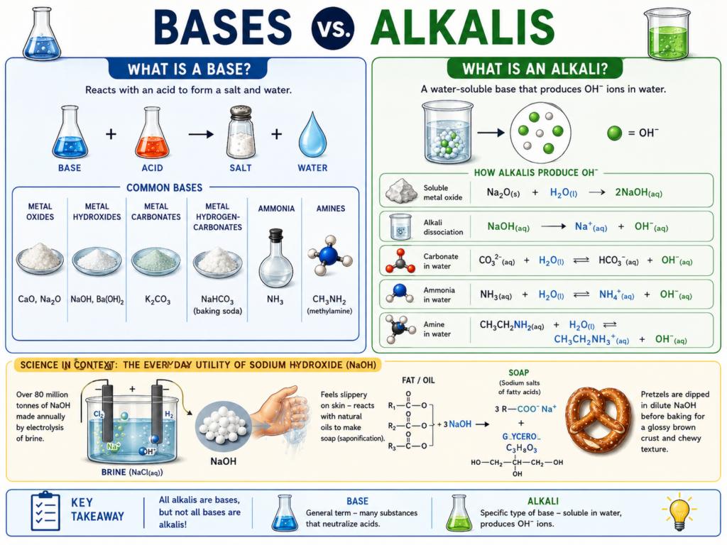 An educational chemistry infographic titled "Bases vs. Alkalis". It defines bases and lists common types, defines alkalis as water-soluble bases that produce OH- ions, provides chemical equations for alkali dissociation, illustrates the everyday utility of sodium hydroxide (NaOH) in soap and food making, and highlights the key takeaway that all alkalis are bases, but not all bases are alkalis.