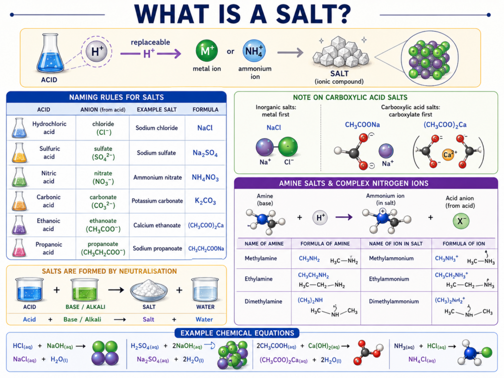 An educational chemistry infographic titled "What is a Salt?". It illustrates how salts are formed by replacing an H+ ion in an acid with a metal or ammonium ion, provides a table of naming rules, explains carboxylic and amine salts with structural formulas, and shows example neutralization equations.