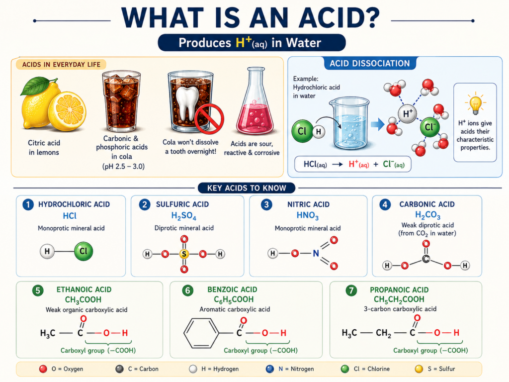 An educational chemistry infographic titled "What is an Acid?". It explains that acids produce H+ ions in water, shows everyday examples like lemons and cola, illustrates acid dissociation using Hydrochloric acid, and displays the chemical formulas and molecular structures of seven key acids including HCl, Sulfuric acid, and Ethanoic acid.